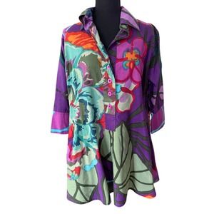 Soft Surroundings Floral Button Tunic Women Petite L Purple Boho Artsy Lagenlook